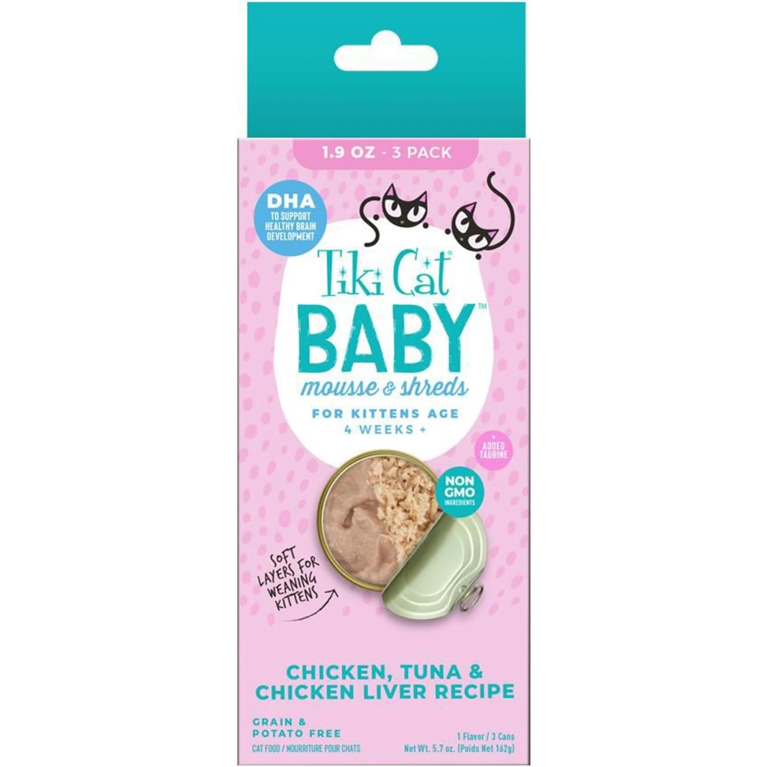 Tiki Cat Baby Chicken, Tuna, & Chicken Liver Mousse & Shreds Grain-Free Wet Cat Food, 1.9-oz Can, Case Of 3 4 Tiki Cat Baby Chicken, Tuna, & Chicken Liver Mousse & Shreds Grain-Free Wet Cat Food, 1.9-oz Can, Case Of 3 - Image 2
