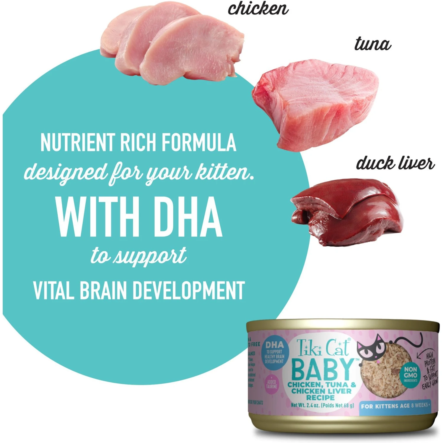 Tiki Cat Baby Chicken, Tuna, & Chicken Liver Shreds Grain-Free Wet Cat Food, 2.4-oz Can, Case Of 12 6 Tiki Cat Baby Chicken, Tuna, & Chicken Liver Shreds Grain-Free Wet Cat Food, 2.4-oz Can, Case Of 12 - Image 4