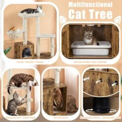 Yaheetech Cat Litter Box Enclosure Cat Tree & Condo, Rustic Brown & Beige -Furry Friends 953326 PT3. AC SS1800 V1695056790