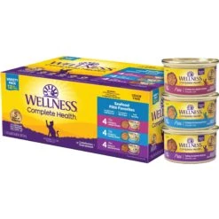 Wellness Complete Health Seafood Pate Favorites Variety Pack Grain-Free Wet Cat Food, 3-oz Can, Case Of 12