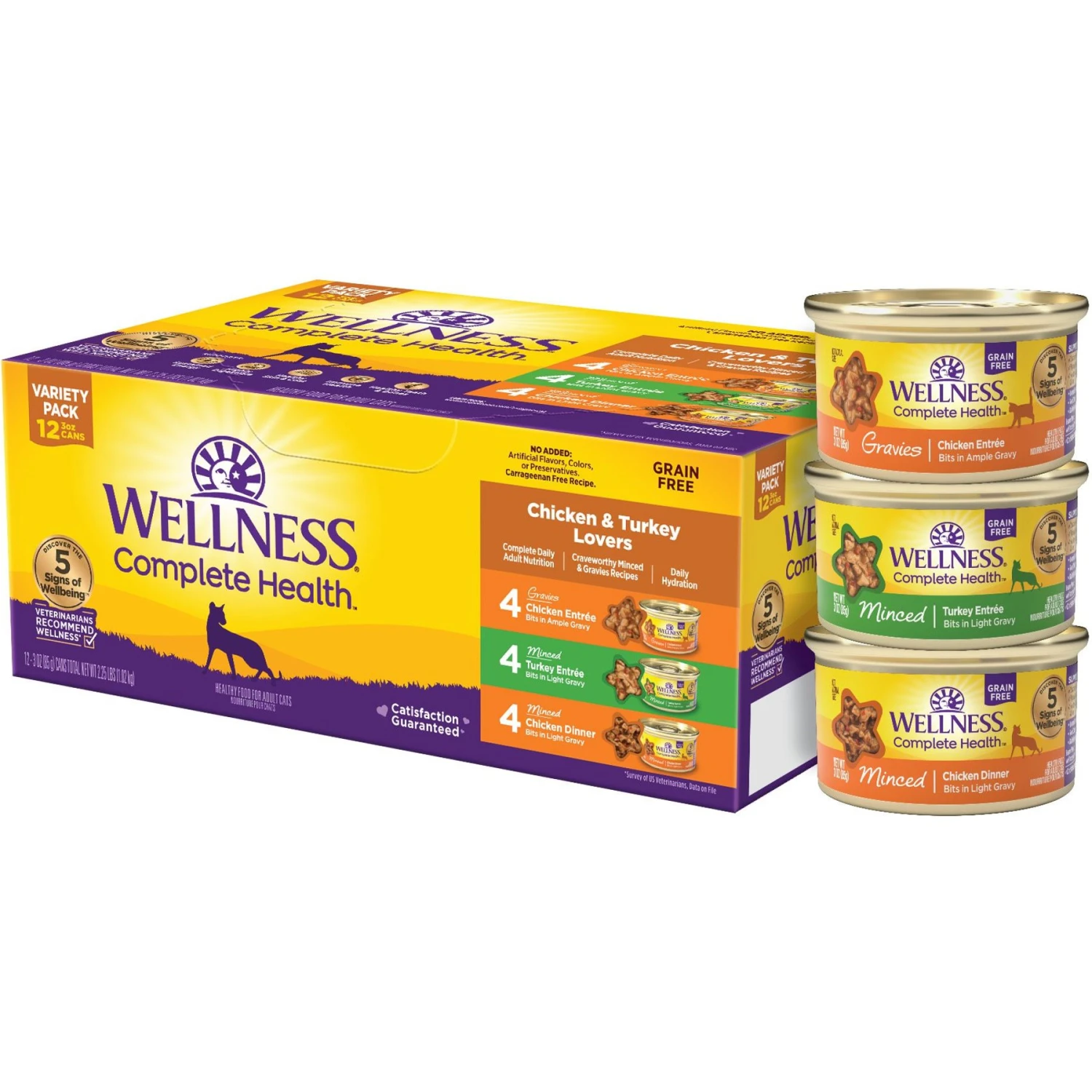 Wellness Complete Health Chicken & Turkey Lovers Gravies & Minced Variety Pack Grain-Free Wet Cat Food, 3-oz Can, Case Of 12 3 Wellness Complete Health Chicken & Turkey Lovers Gravies & Minced Variety Pack Grain-Free Wet Cat Food, 3-oz Can, Case Of 12