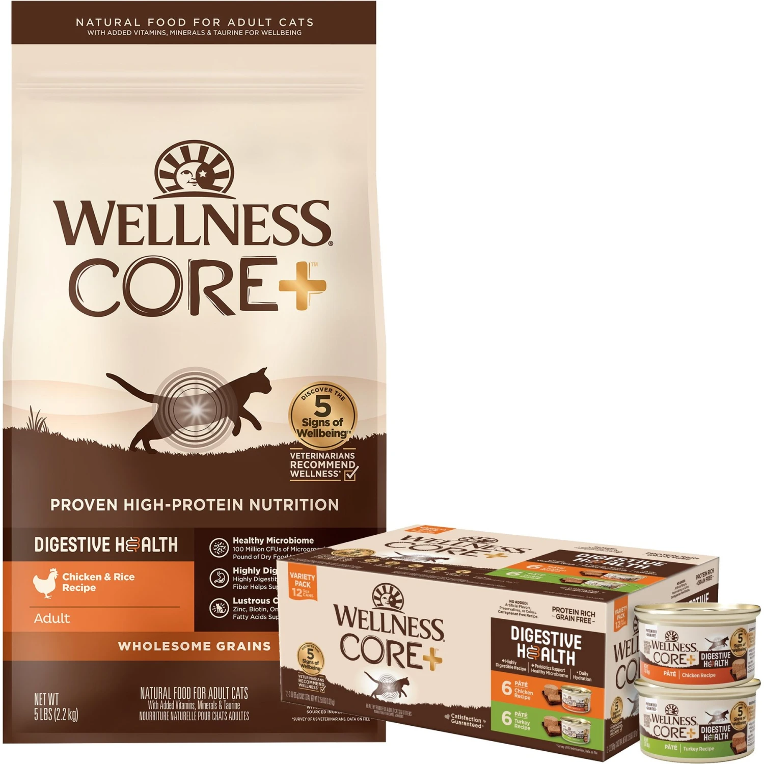 Wellness CORE Digestive Health Chicken & Turkey Pate Variety Pack Grain-Free Wet Cat Food & Wellness CORE Digestive Health Wholesome Grains Chicken & Rice Recipe Dry Cat Food 3 Wellness CORE Digestive Health Chicken & Turkey Pate Variety Pack Grain-Free Wet Cat Food & Wellness CORE Digestive Health Wholesome Grains Chicken & Rice Recipe Dry Cat Food